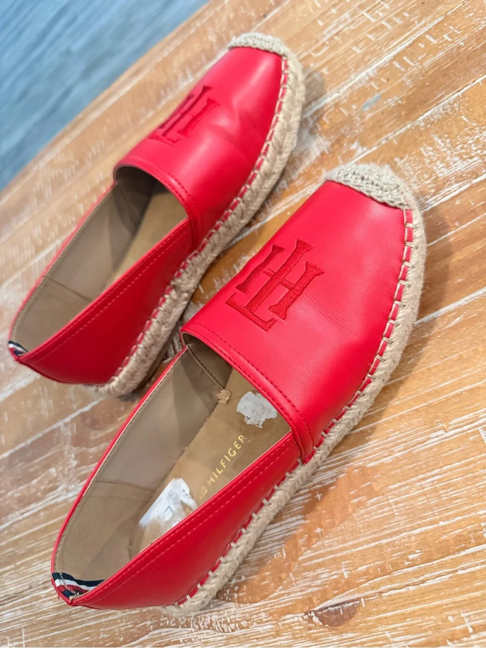 Tommy Hilfiger Red Leather Espadrille Slip-Ons with Embroidered TH Logo Size W8